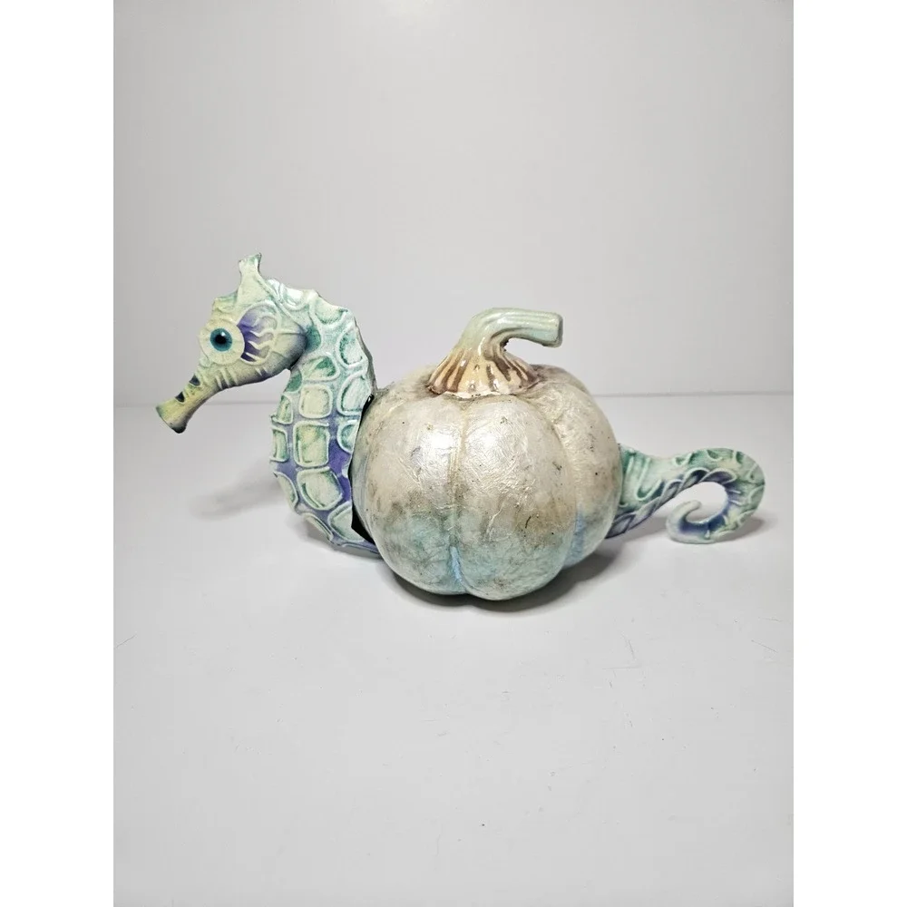 Coastal Seahorse Pumpkin Figurine Nautical Beach Halloween Fall Decor Iridescent